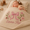 Beige embroidered baby girl blanket with pink bow design
