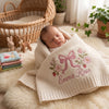 Cream personalized baby girl blanket with embroidered pink bow