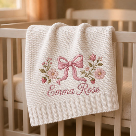 White personalized baby blanket with pink bow and floral embroidery