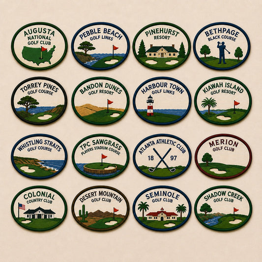 Sixteen Famous Golf Course Emblems Featuring Scenic American Fairways