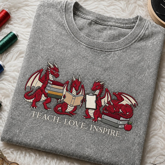 Grey Fantasy Dragon Teacher Tee With Teach Love Inspire Embroidery