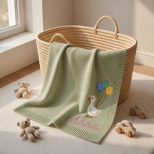 Mung Bean Baby Blanket Styled Beside Wicker Nursery Basket