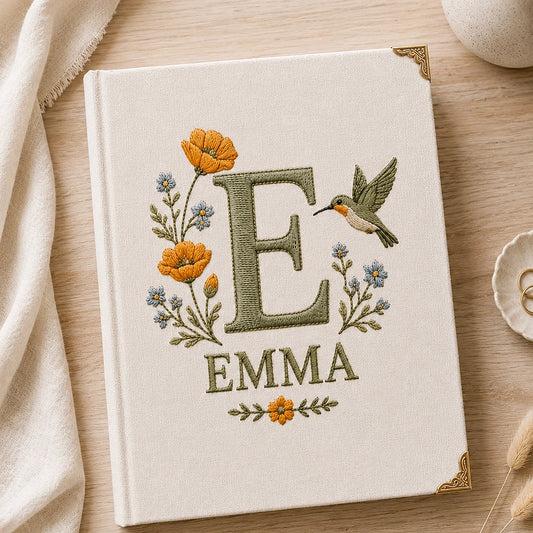 Beige Fabric Photo Album Embroidered With Wildflowers Hummingbird Emma