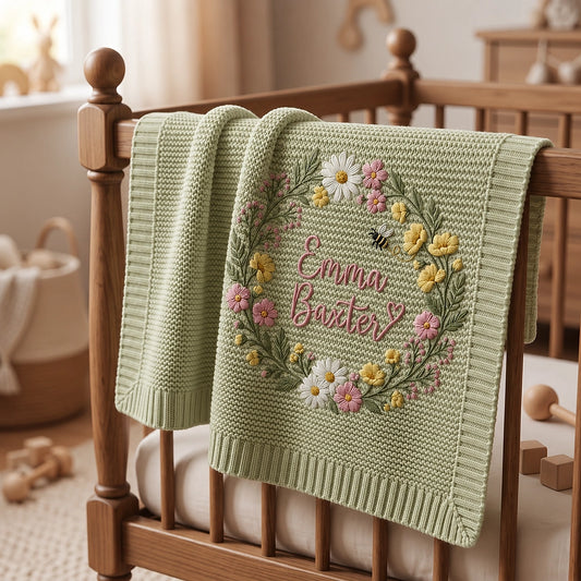 Mung Bean Knitted Blanket Draped Over Wooden Crib Corner
