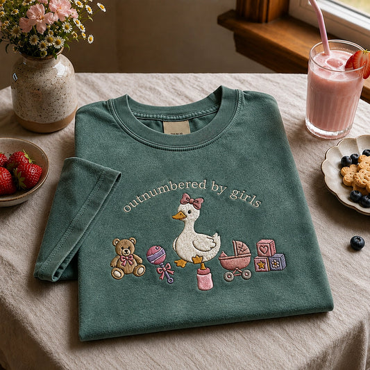 Moss Outnumbered By Girls Goose Tee Styled With Breakfast Treats