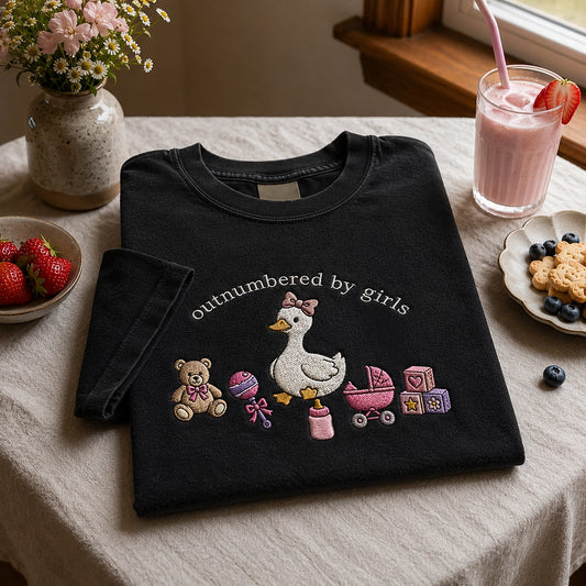Folded Black Outnumbered By Girls Tee With Pink Baby Toys
