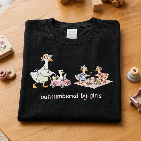 Black Goose Life Tee With Playful Family Scene Embroidery