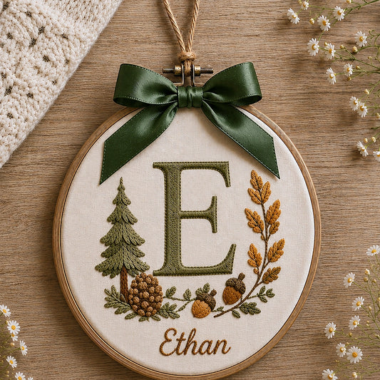 Custom Forest Initial Ornament With Pine Tree And Acorns