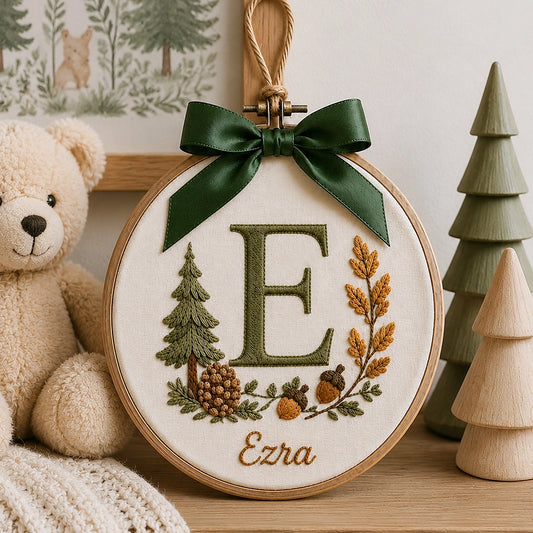 Personalized Woodland Letter Ornament With Pinecones And Green Bow