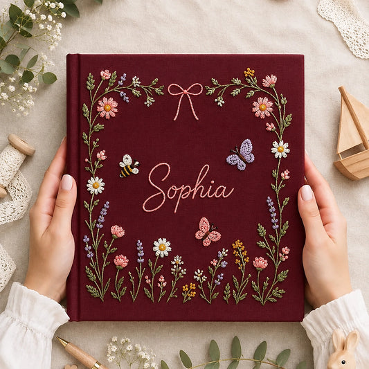 Maroon personalized baby album with floral embroidery