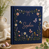 Navy personalized baby photo album with embroidered flowers