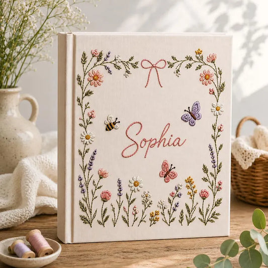 Personalized floral baby photo album with embroidered Sophia name