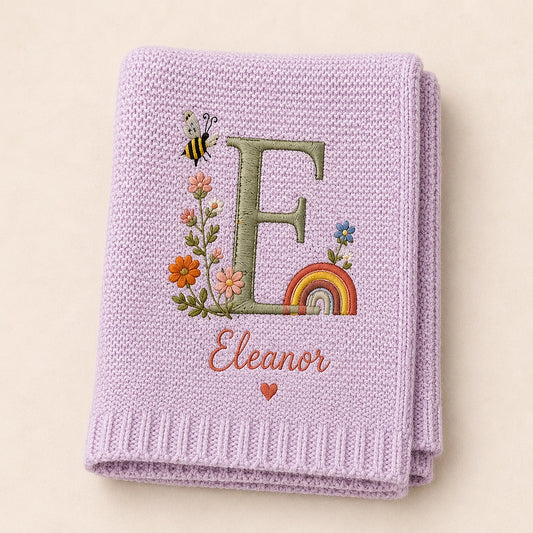 Purple Personalized Baby Blanket With Initial E Bee And Rainbow