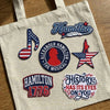 Hamilton Musical Embroidered Patches Displayed On Canvas Tote Bag
