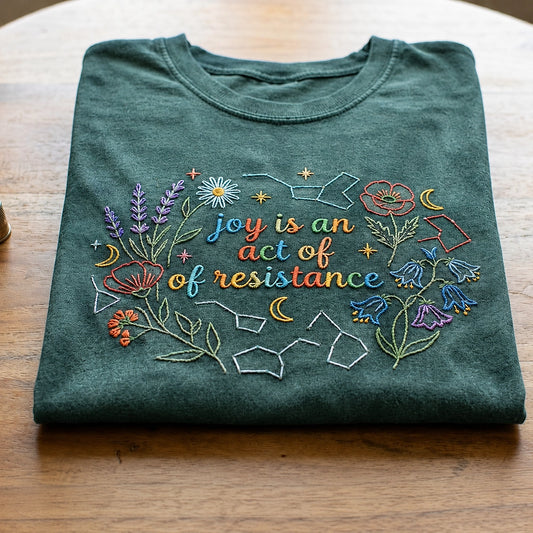 Folded Moss Joyful Resistance Tee With Colorful Botanical Design