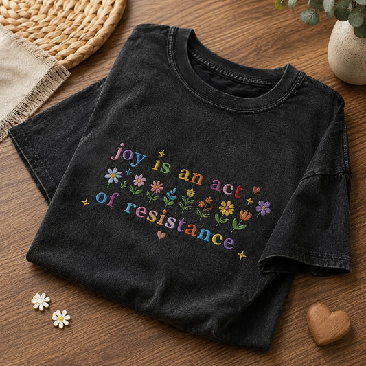Black Stone Washed Tee Showing Rainbow Quote And Flowers