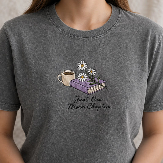 Grey Mineral Wash Tee With Embroidered Book And Daisies