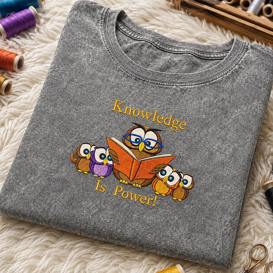 Folded Grey Knowledge Is Power Owl Embroidered Mineral Wash Tee