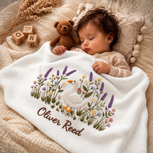 Sleeping Baby Under White Personalized Goose And Lavender Blanket