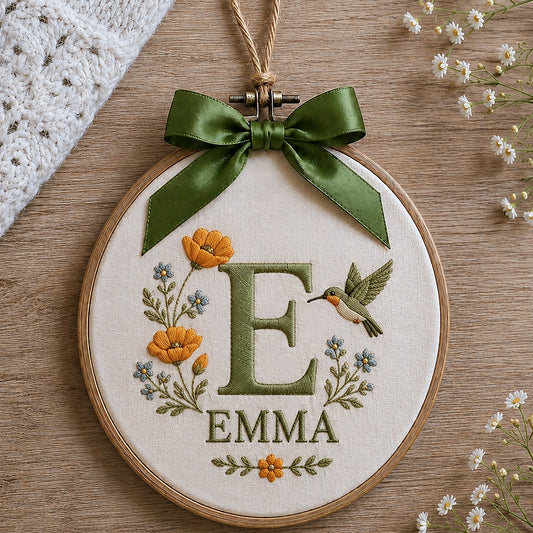 Custom Hummingbird Initial Ornament With Orange Floral Embroidery