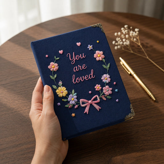 Handheld Navy Notebook Showcases Colorful Floral Wreath Embroidery