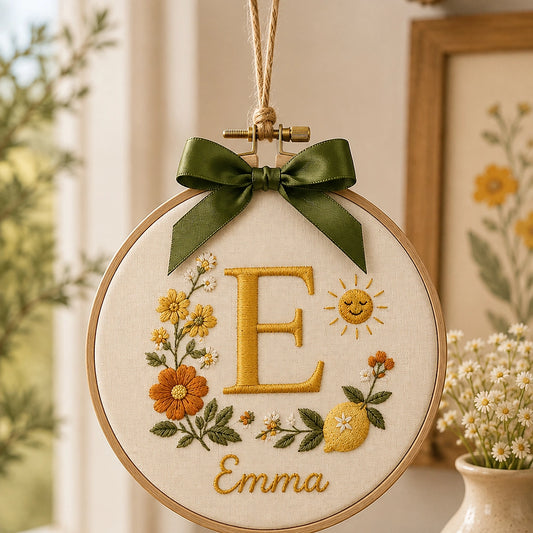 Personalized Floral Initial Ornament With Lemon And Green Bow