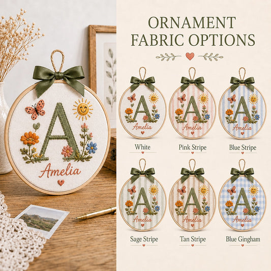 Personalized Floral Embroidered Ornament With Multiple Fabric Options