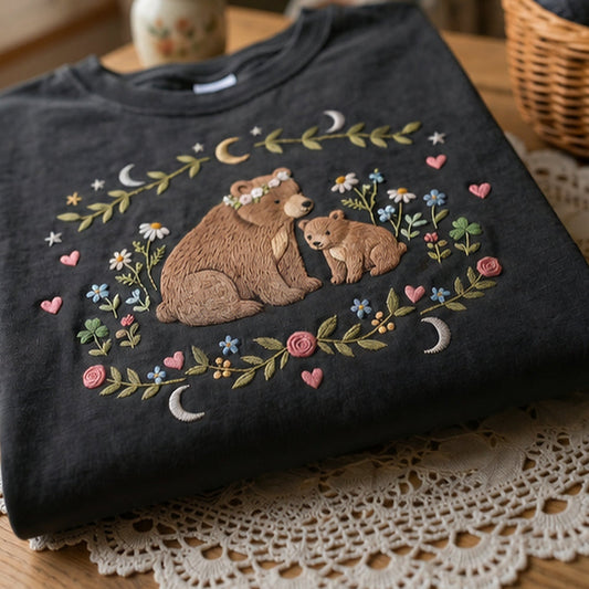 Closeup Of Floral Mama Bear And Cub Embroidery