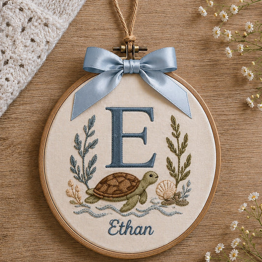 Custom Turtle Initial Ornament With Blue Bow And Name