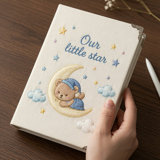 Beige Little Star Notebook Held On Wooden Desk