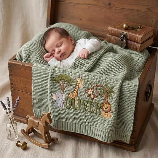 Mung Bean Safari Baby Blanket In Wooden Crate
