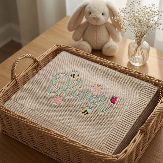 Beige Knit Blanket With Custom Bee Name Design