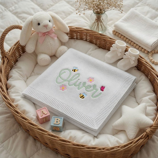 Personalized Bee Baby Blanket Gift Basket Display