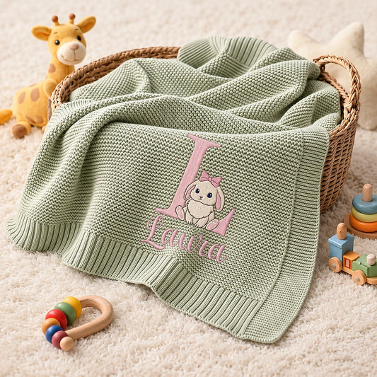 Mung Bean Bunny Baby Blanket Styled With Nursery Toys, Basket