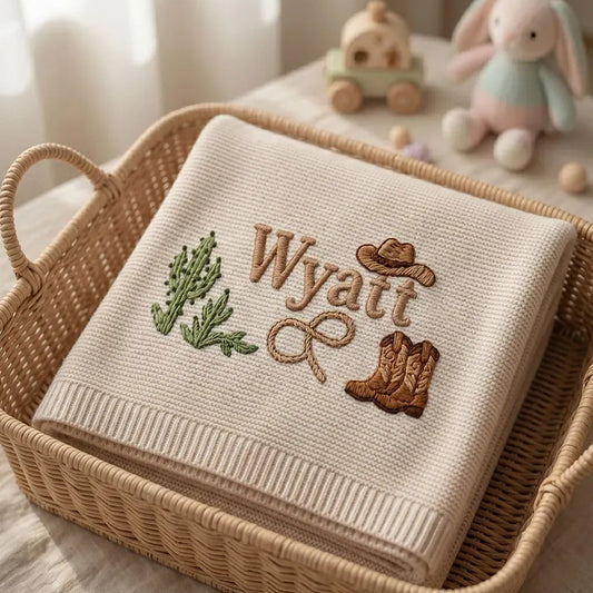 Cream Cowboy Baby Blanket Folded In Basket