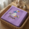 Folded Purple Embroidered Duck Name Blanket Closeup
