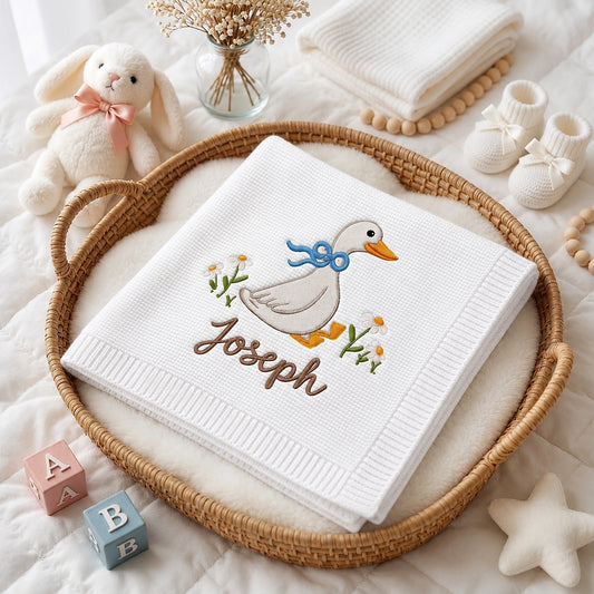 Personalized Duck Baby Blanket In Wicker Nursery Basket
