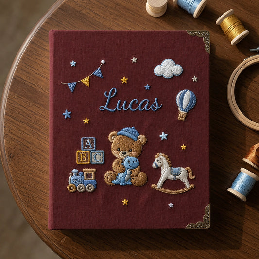 Maroon Lucas Keepsake Featuring Teddy Bear And Nursery Toys