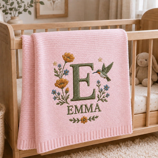Pink Personalized Knit Blanket With Hummingbird Initial And Emma
