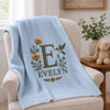 Light Blue Personalized Blanket With Hummingbird Initial And Evelyn