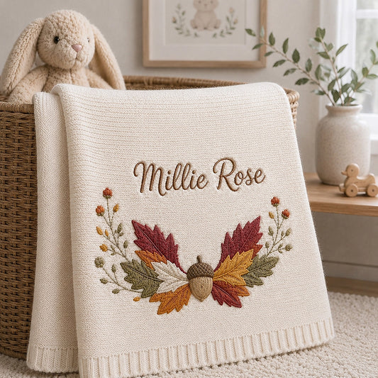 Cream Personalized Autumn Acorn Embroidered Keepsake Blanket