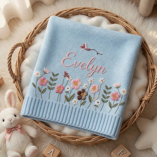 Light Blue Personalized Evelyn Floral Knit Blanket In Basket