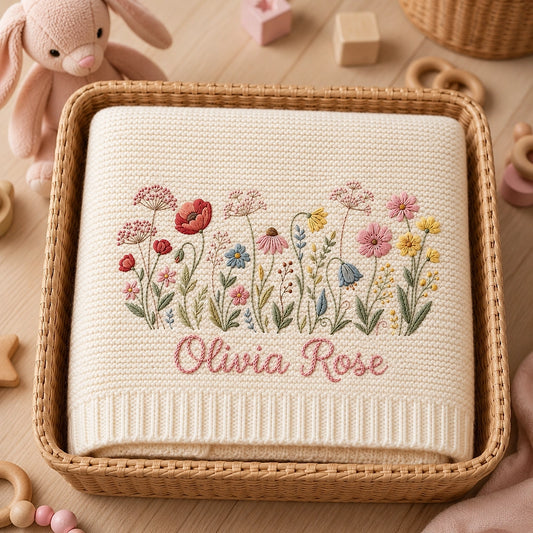Cream Personalized Wildflower Receiving Blanket