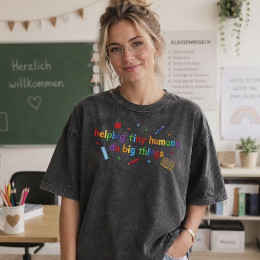 Video Teacher Wearing Inspirational Embroidered Mineral Wash T-Shirt