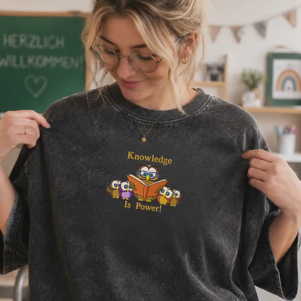 Video Teacher Wearing Knowledge Is Power Embroidered Mineral Wash Tee