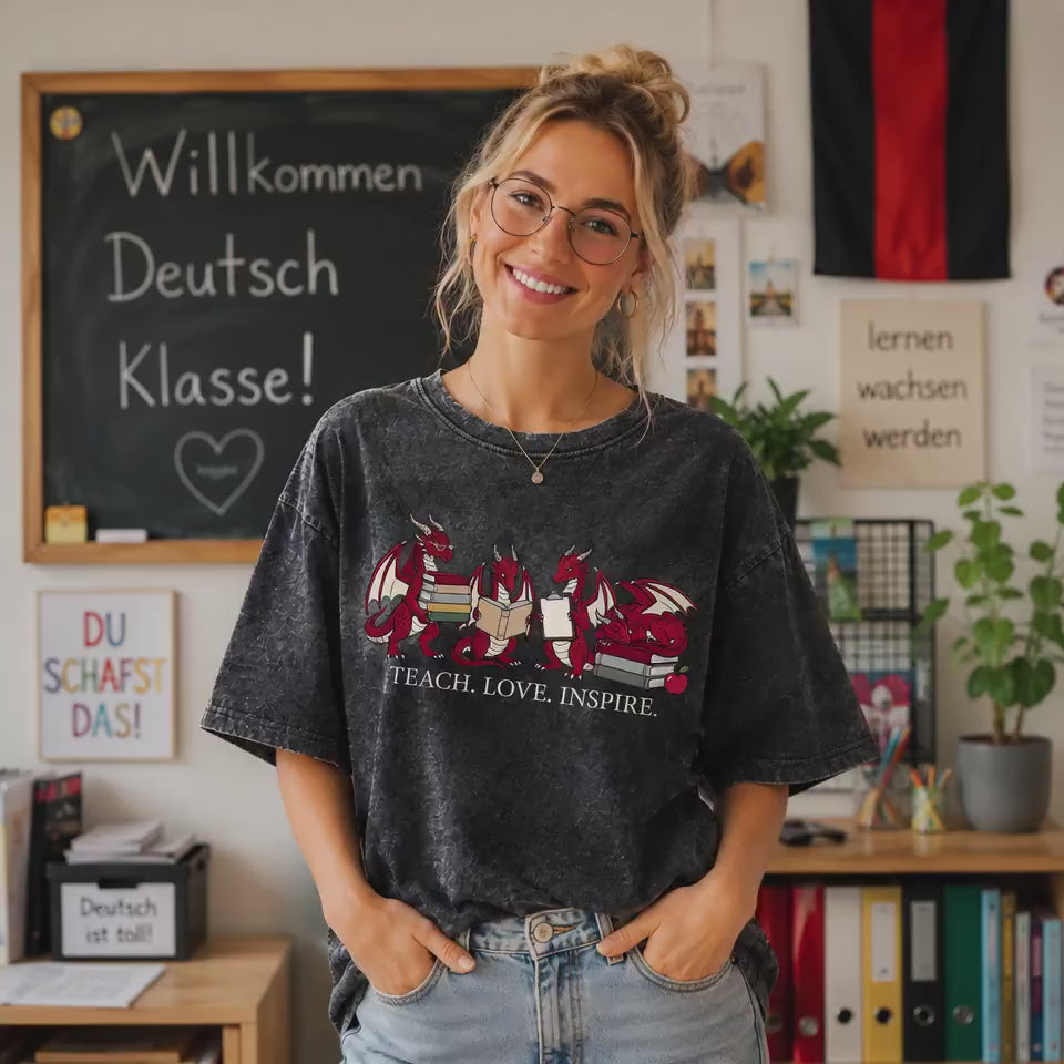 Video Teacher Wearing Fantasy Dragon Mineral Wash Tee