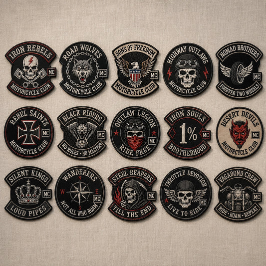 Fifteen Biker Brotherhood Emblems Featuring Skulls Wolves And Motorcycles