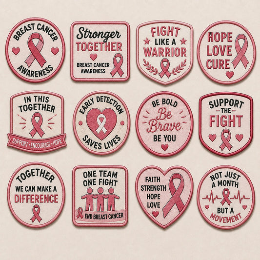 Twelve Breast Cancer Awareness Embroidered Iron-On Patch Designs