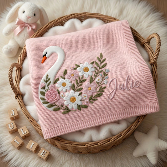 Pink Julie Swan Blanket Displayed With Bunny And Blocks