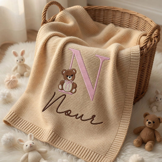 Beige Noor Teddy Blanket Draped Over Wicker Basket